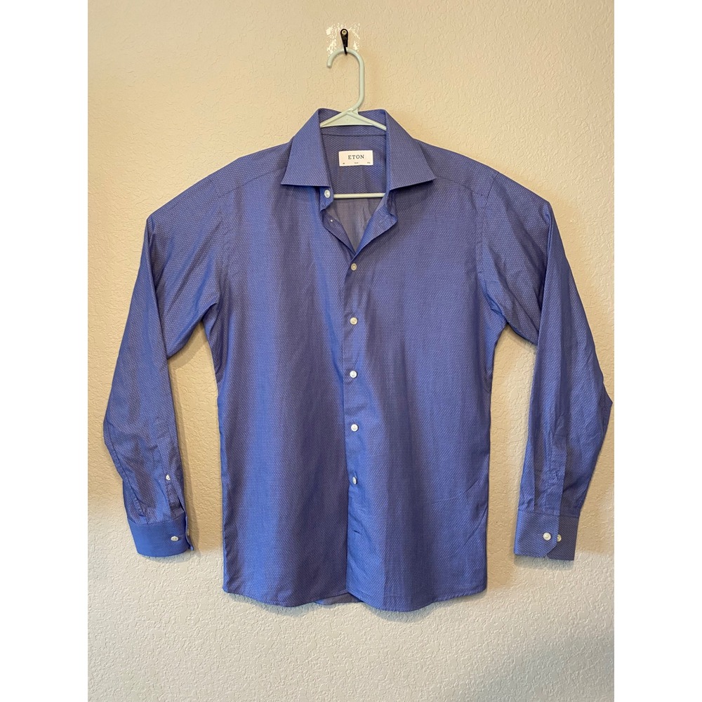 Eton Slim Fit Dress Shirt Dotted Blue Cotton Button Down Size 15 3/4